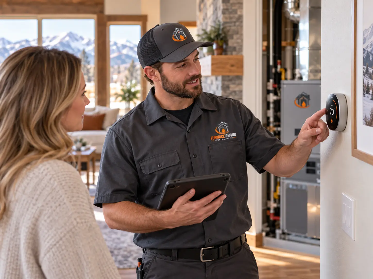 Technician explaining thermostat heating settings to a homeowner — residential furnace service illustration