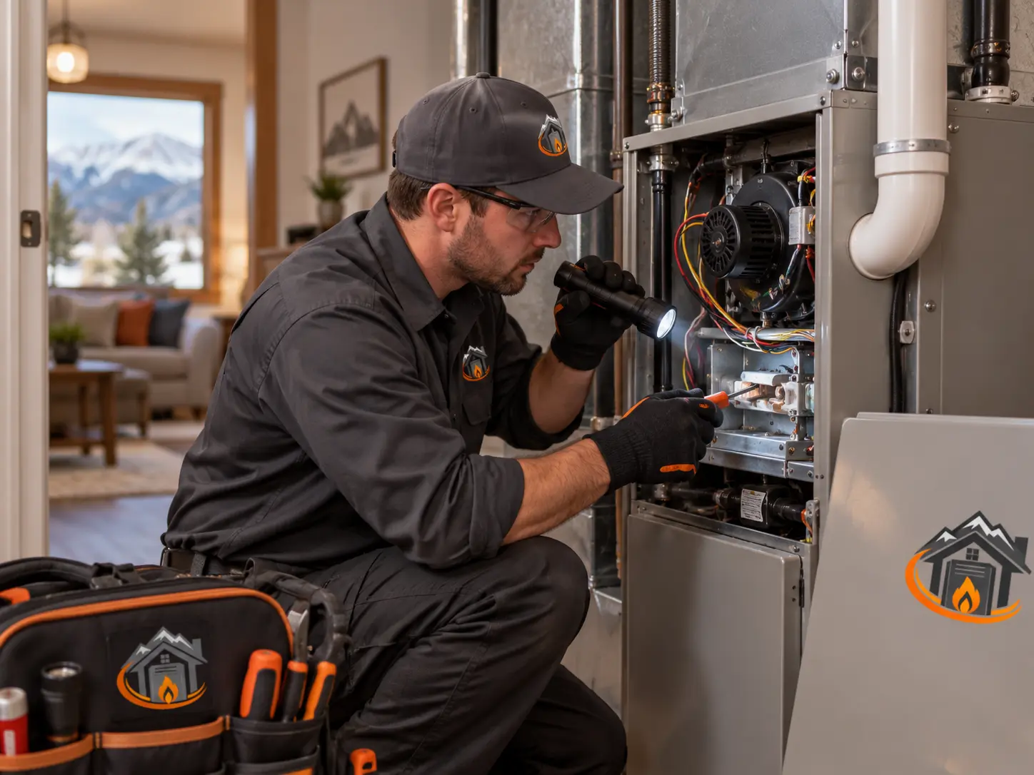 Technician inspecting internal furnace components with a flashlight — residential furnace service illustration