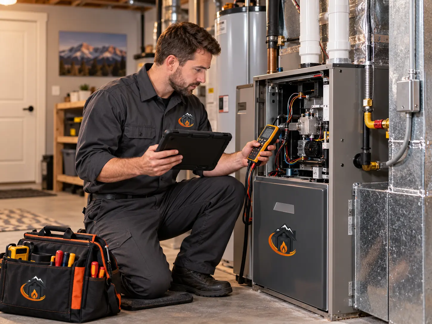 Technician running diagnostic readings on a residential gas furnace — residential furnace service illustration