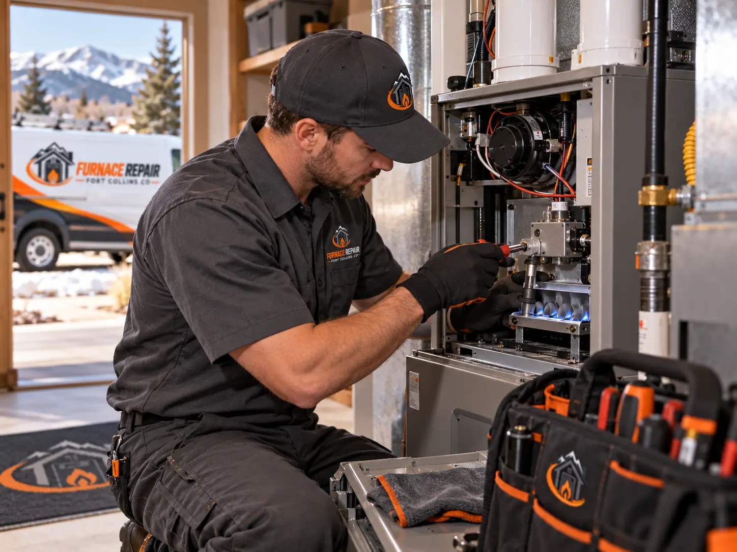 Technician servicing furnace burners during a heating tune-up — residential furnace service illustration