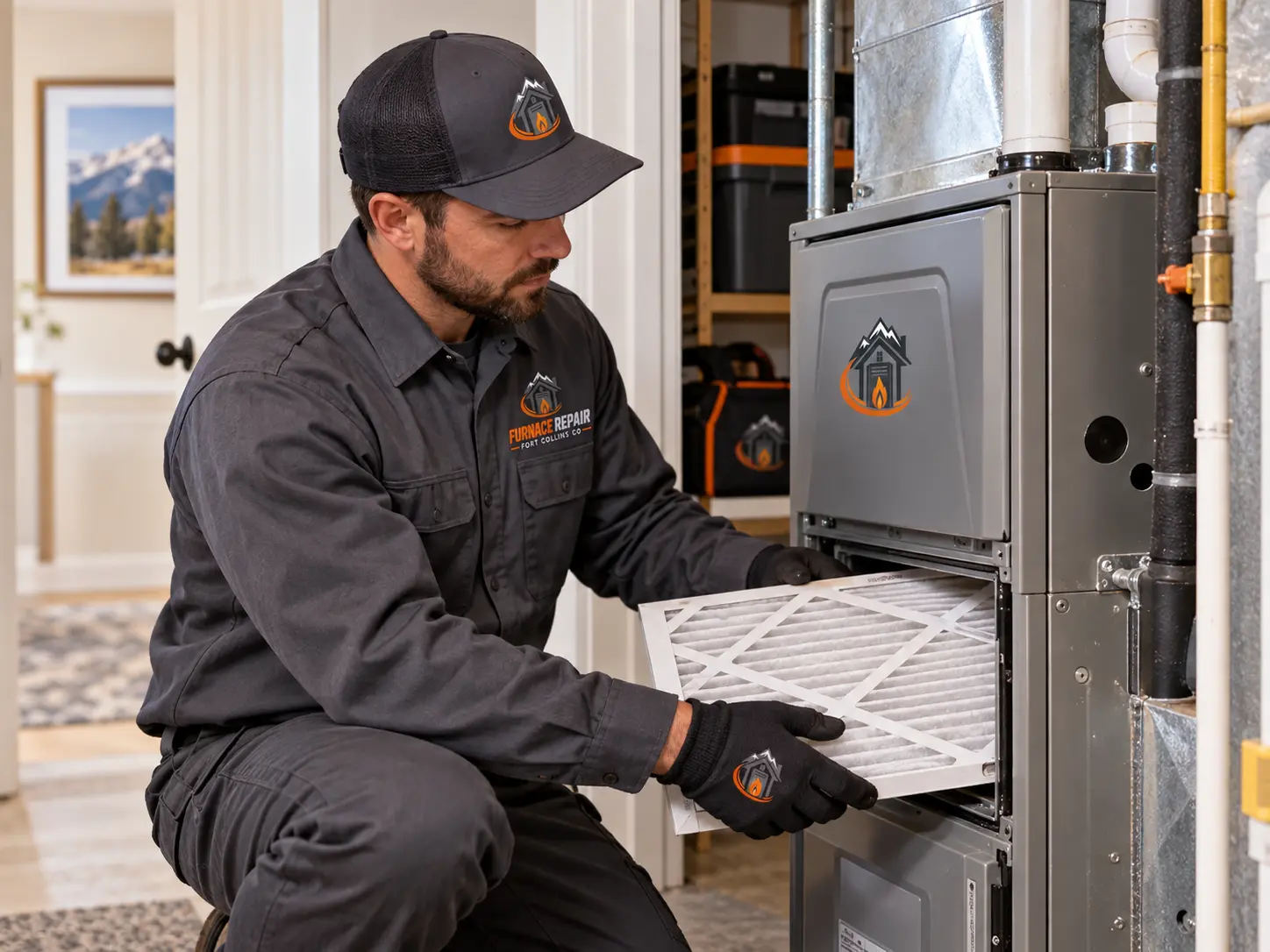 Technician sliding a clean pleated filter into a home furnace — residential furnace service illustration