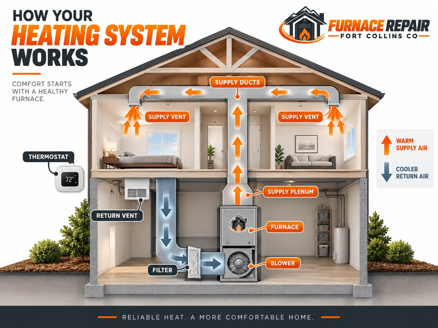 Diagram showing how a home heating system moves return air through the filter, blower, furnace, supply plenum, ducts and vents