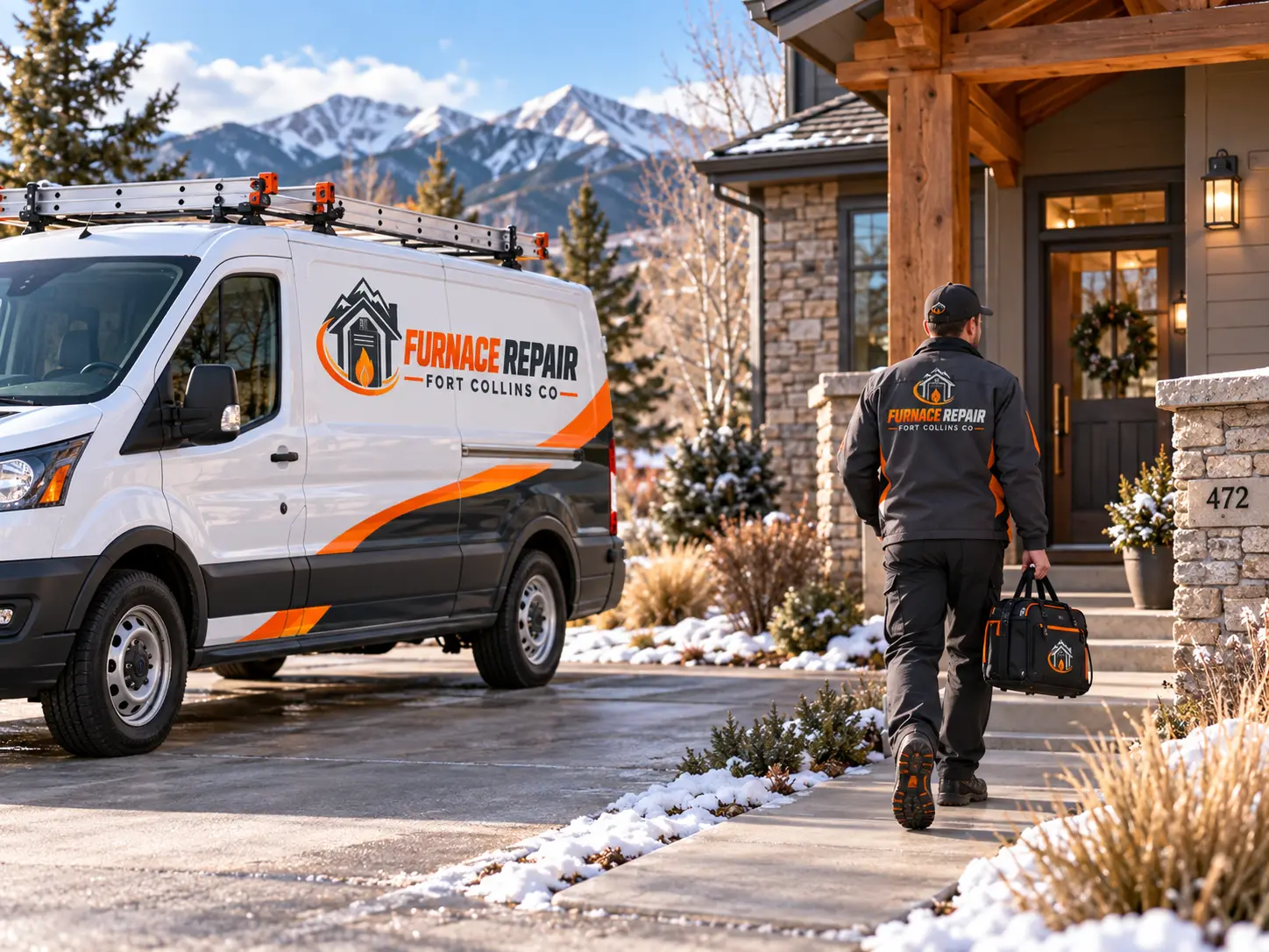 Technician walking to a Fort Collins area home from a branded furnace repair van